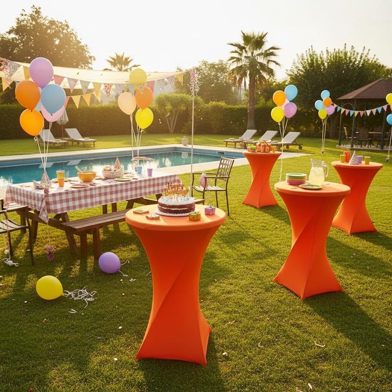 iEventStar 30 inches 32'' Highboy Cocktail Round Stretch Spandex Fitted Table Cover High Top Square Corners Tablecloth (30''-32'' Dia x 43'', Orange) - Image 2